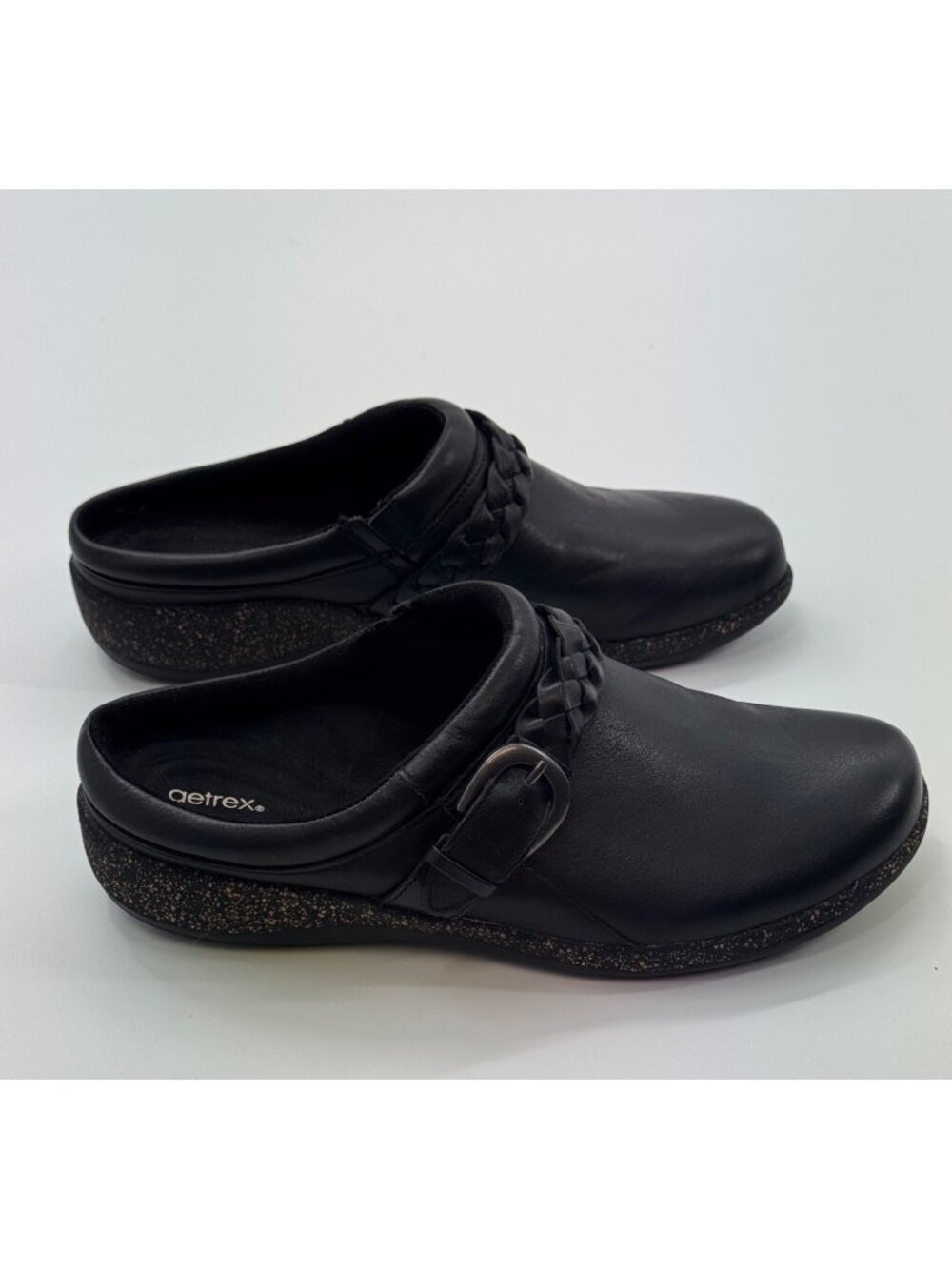 Aetrex Libby Womens Black Leather Slip-On Clogs With Braided Strap Size 10 M